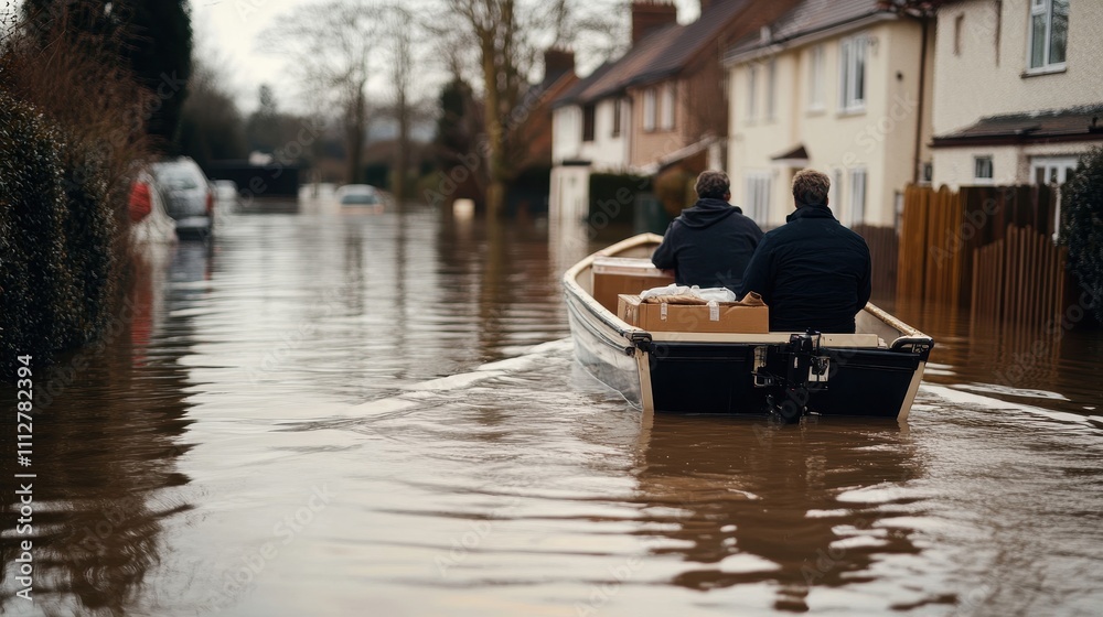 Obraz premium Two Individuals Navigate Floodwaters in a Boat, Surrounded by Submerged Homes and Reflecting a Local Community's Struggle with Rising Water Levels and Climate Impact