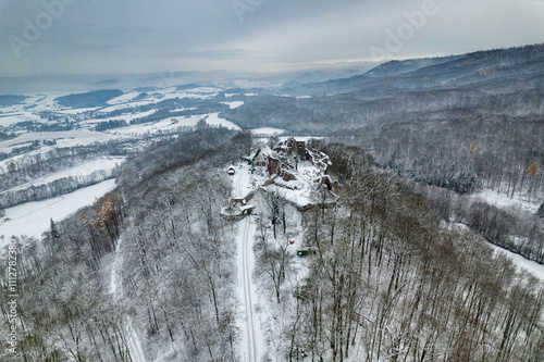 Obraz na płótnie Aerial view ruins of old castle. Winter. Ruin of Hohnstein Castle, Harz mountains, Germany. w salonie