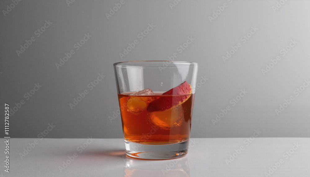 Stylish whiskey cocktail with ice and apple slice on a gray background
Stylish whiskey cocktail with ice and apple slice on a gray background