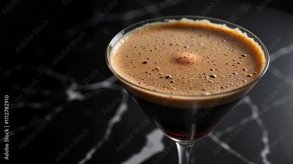Espresso martini with a creamy foam on a black marble surface Espresso martini with a creamy foam on a black marble surface