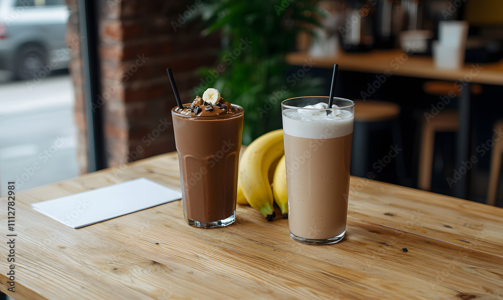 Freshly made banana chocolate smoothie in a glass, with a creamy texture and rich blend of chocolate and banana, offering a delicious and indulgent drink Freshly made banana chocolate smoothie in a glass, with a creamy texture and rich blend of chocolate and banana, offering a delicious and indulgent drink