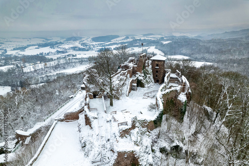 Obraz na płótnie Aerial view ruins of old castle. Winter. Ruin of Hohnstein Castle, Harz mountains, Germany. w salonie