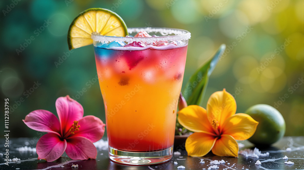Sunset cocktail with floral garnishes in an outdoor setting Sunset cocktail with floral garnishes in an outdoor setting