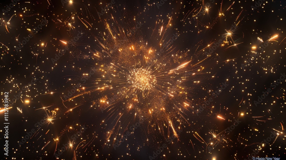 Dark starry night with golden fireworks and Happy New Year text sharp detail and magical glow Dark starry night with golden fireworks and Happy New Year text sharp detail and magical glow