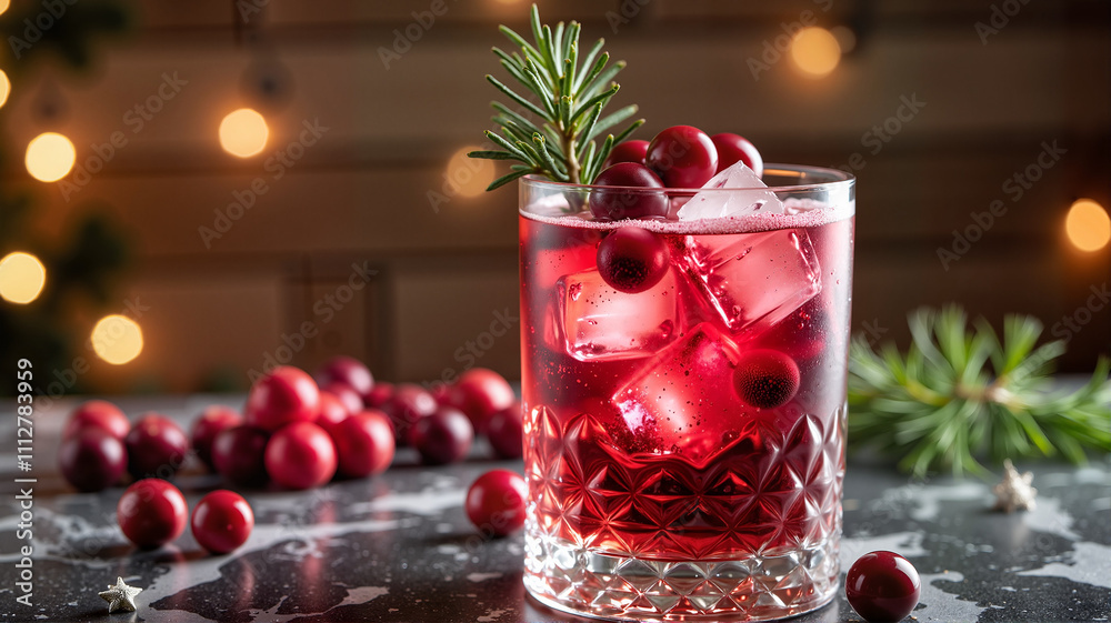 Cranberry cocktail with rosemary garnish on a festive table Cranberry cocktail with rosemary garnish on a festive table