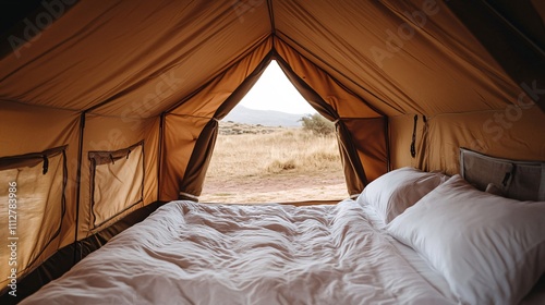 Cozy Camping Tent Interior with Bed