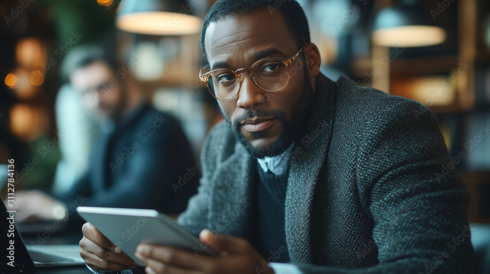 Young man with glasses working on tablet in a busy cafe surrounded by people during the day. Generative AI Young man with glasses working on tablet in a busy cafe surrounded by people during the day. Generative AI