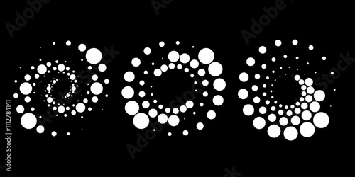 Set of white dotted vortex shapes. Geometric art. Halftone dots. Trendy design element for logo, tattoo, sign, symbol, web, prints, posters, social media, template, pattern and abstract background