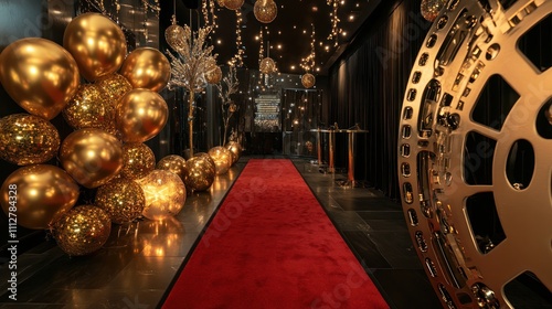 New Yeara??s party decor with a Hollywood red carpet entry, glittering gold balloons, and film reel accents