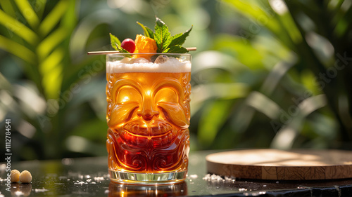 Orange and cherry cocktail with fresh garnish on a wooden surface photo