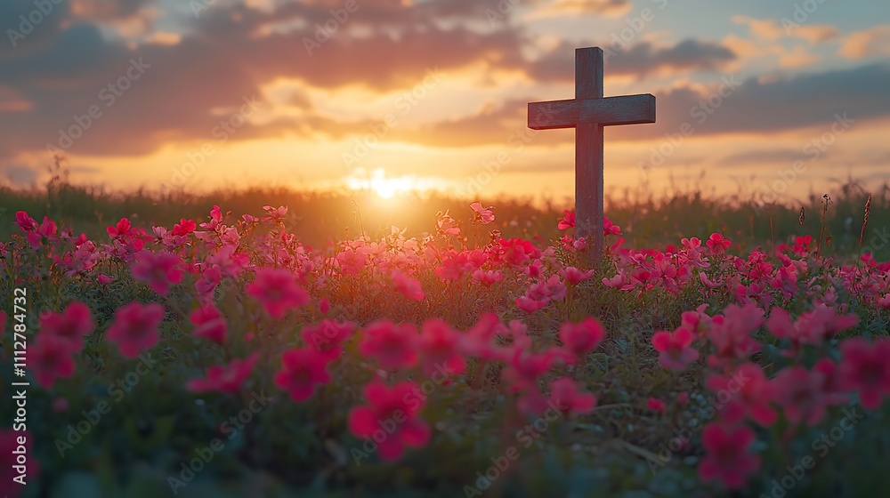 cross in the meadow with flowers and birds at sunset vintage tone cross in the meadow with flowers and birds at sunset vintage tone