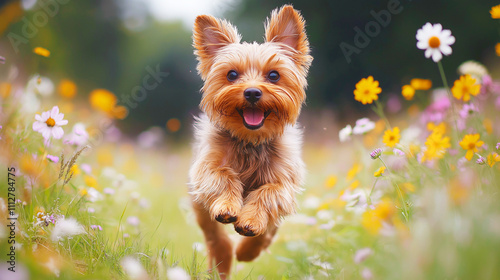 Yorkshire terrier running through a field of wildflowers