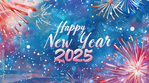 New Years festival watercolor painting with Happy New Year 2025