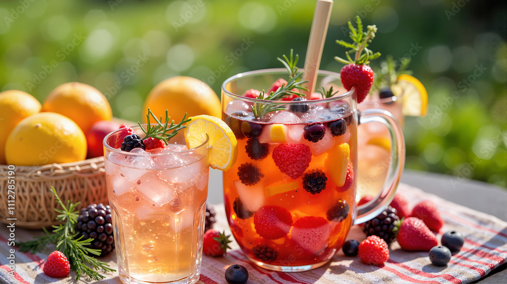 Berry sangria in a glass pitcher with fresh fruit on a picnic table