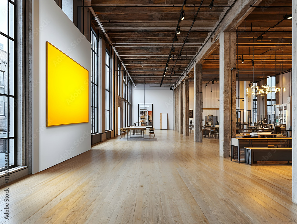 Fototapeta premium Spacious modern art gallery interior with large windows, wooden beams, and yellow artwork.