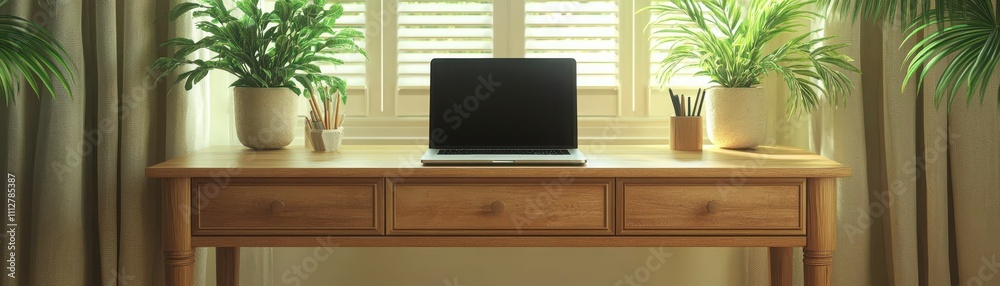 Cozy Minimalist Workspace with Laptop and Indoor Plants Cozy Minimalist Workspace with Laptop and Indoor Plants