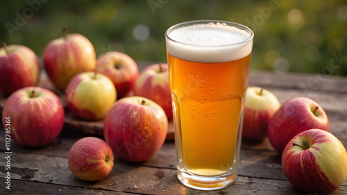 Crisp apple cider in a tall glass surrounded by fresh apples outdoors photo