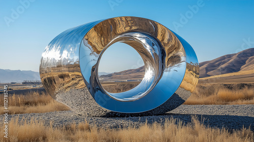 Sculpture made of reflective metal surrounded by dry grass under a clear blue sky in an outdoor setting. Generative AI