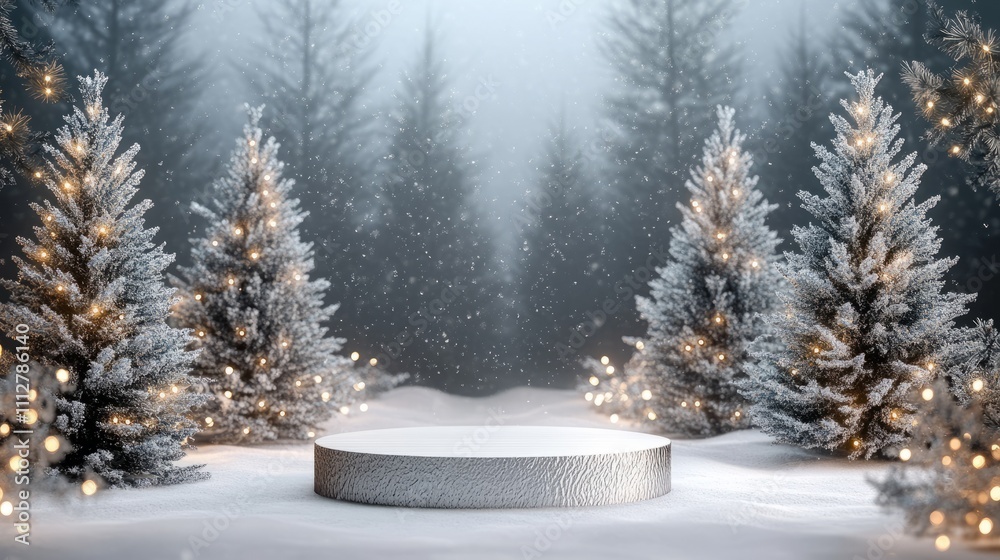 Fototapeta premium Christmas podium with a background of Christmas tree decorations