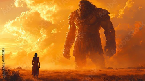 david and goliath digital painting of an ancient warrior with a giant standing in front of him digital illustration