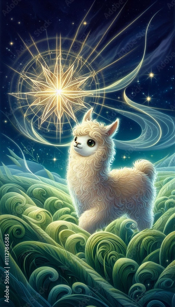 Fototapeta premium Dreamy Alpaca Under the Evening Star in an Enchanted Meadow