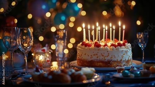Birthday Cake with Candles on a Decorated Table