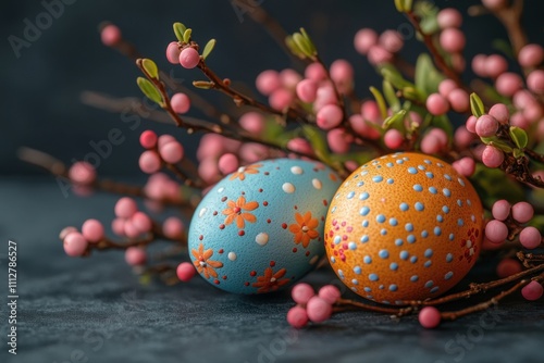 A simple yet vibrant composition of colorful Easter eggs on a dark background. A festive and elegant holiday design. Banner with space for text photo