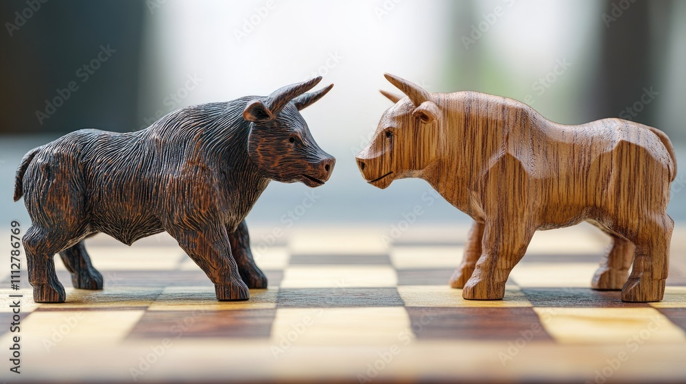 Fototapeta premium Wooden bull and bear chess pieces face off on a classic chessboard, symbolizing the struggle between optimism and caution in finance.