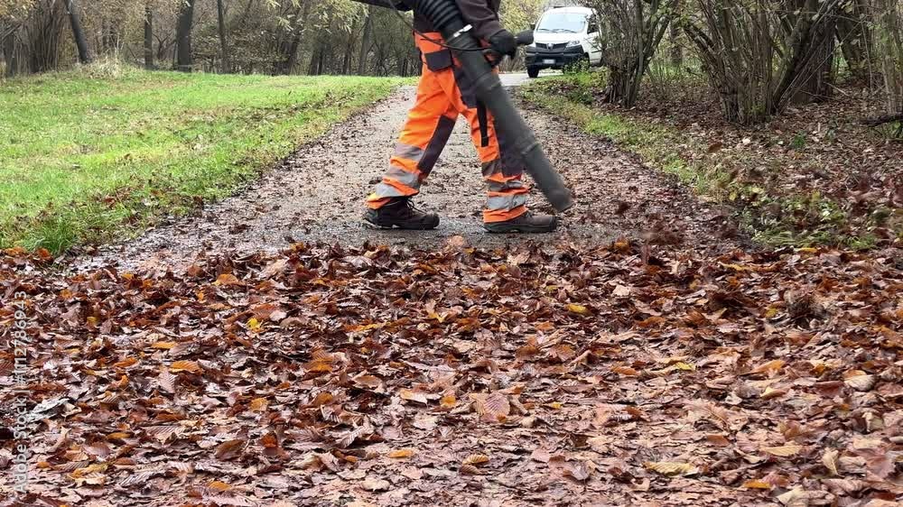 A worker with leaf blower cleans up autumn leaves to clear the cycle path in forest in autumn. Autumn maintenance. A worker with leaf blower cleans up autumn leaves to clear the cycle path in forest in autumn. Autumn maintenance.