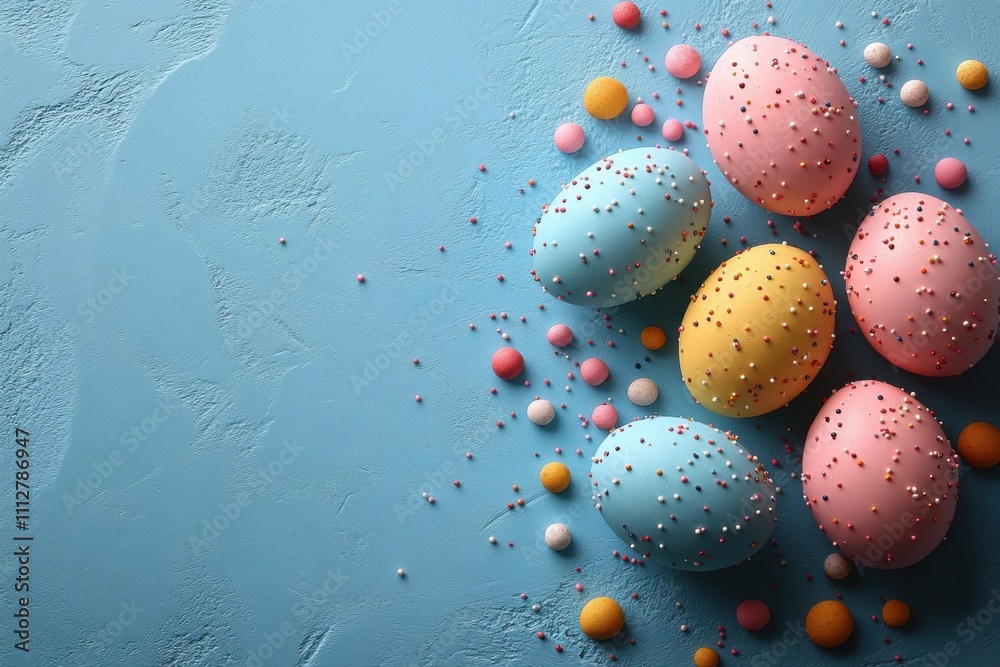 A vibrant composition of colorful Easter eggs on a soft blue background. A cheerful and festive holiday design. Banner with space for text A vibrant composition of colorful Easter eggs on a soft blue background. A cheerful and festive holiday design. Banner with space for text