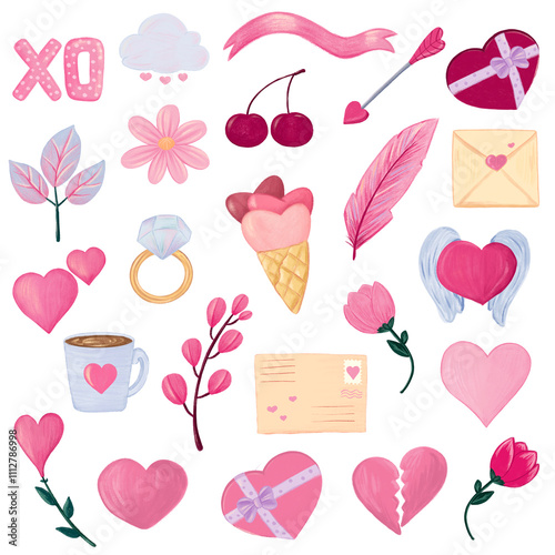 set of hearts and romantic illustrations 