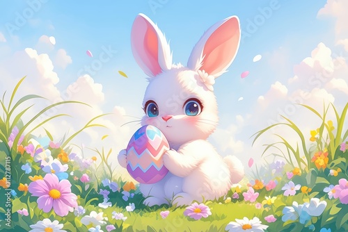 A cute bunny holding a decorated egg in a vibrant spring landscape.