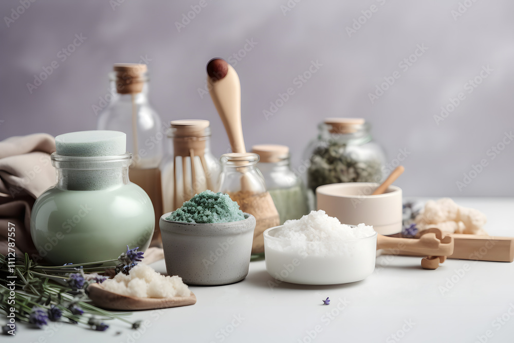Spa products setup with handmade soap bars, jars of bath salts, wooden spoons, and fresh herbs, elegant and minimalistic, soft pastel background Spa products setup with handmade soap bars, jars of bath salts, wooden spoons, and fresh herbs, elegant and minimalistic, soft pastel background