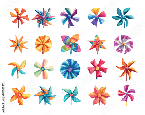 Cartoon windmill toy. Summer baby pinwheel paper spinner, wind or breeze propelled origami rotating fan colorful children gadget, isolated vectors on white background
