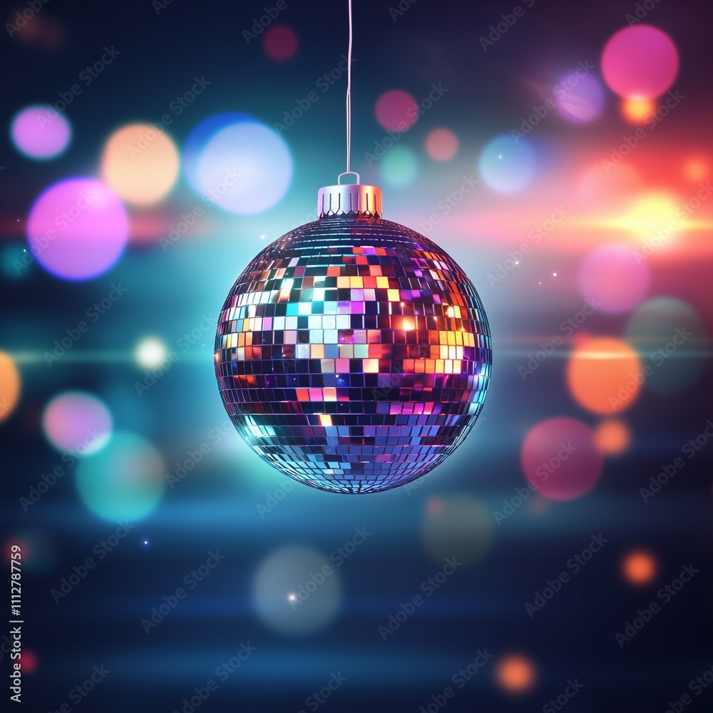 Obraz premium Festive New Year's disco ball ornament with colorful lights and shadows