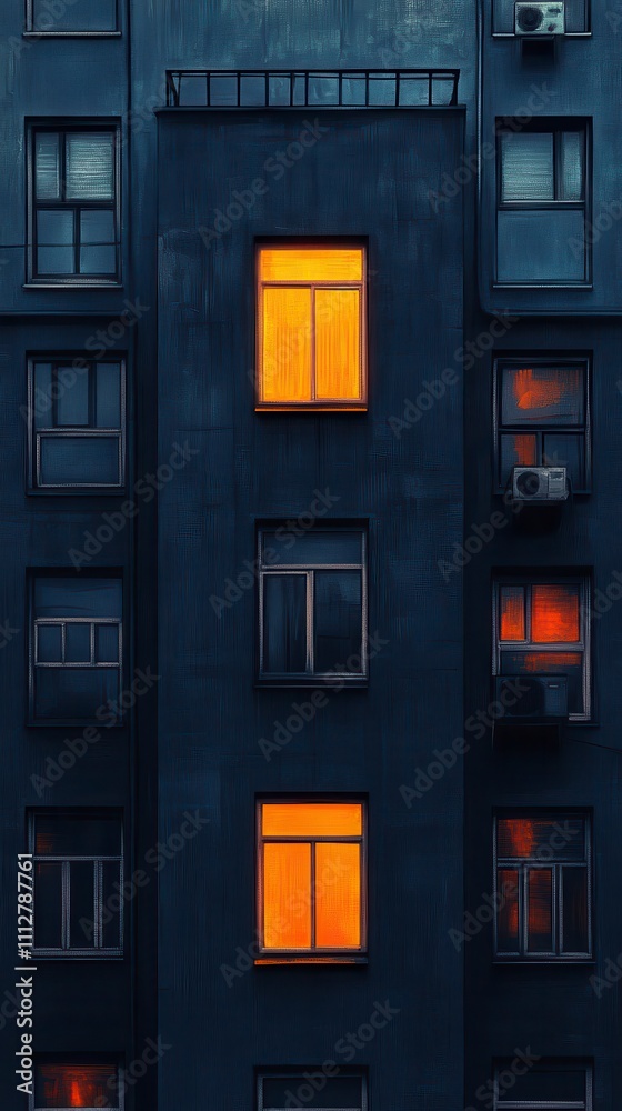 A Striking Night Scene of a City Building with Illuminated Window A Striking Night Scene of a City Building with Illuminated Window