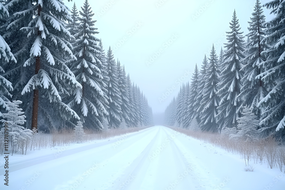 Snow-Covered Road Lined by Frosty Pine Trees Snow-Covered Road Lined by Frosty Pine Trees