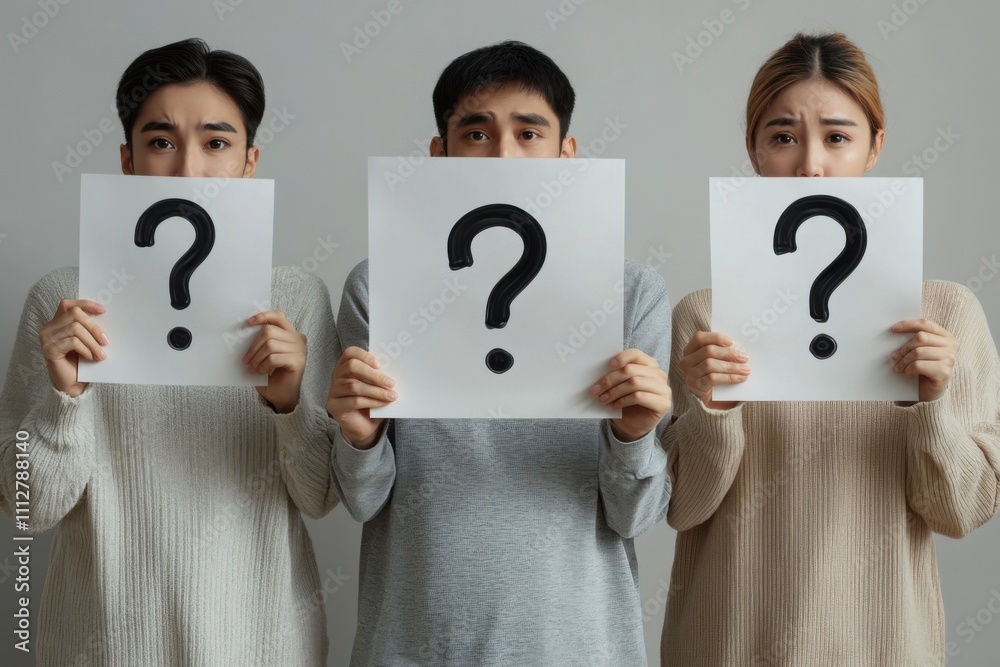 Three individuals holding sheets of paper featuring question marks. A creative and modern representation of support and queries. Banner with space for text Three individuals holding sheets of paper featuring question marks. A creative and modern representation of support and queries. Banner with space for text
