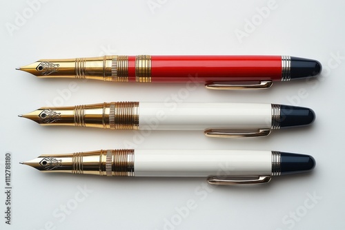 Elegant fountain pens arranged neatly on a crisp white background. A professional and stylish design. Banner with space for text photo