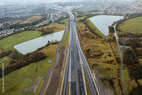 Aerial view of major roadworks and construction at Dowlais, South Wales