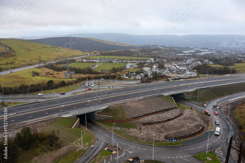 Aerial view of a roundabout and major road construction in South Wales photo