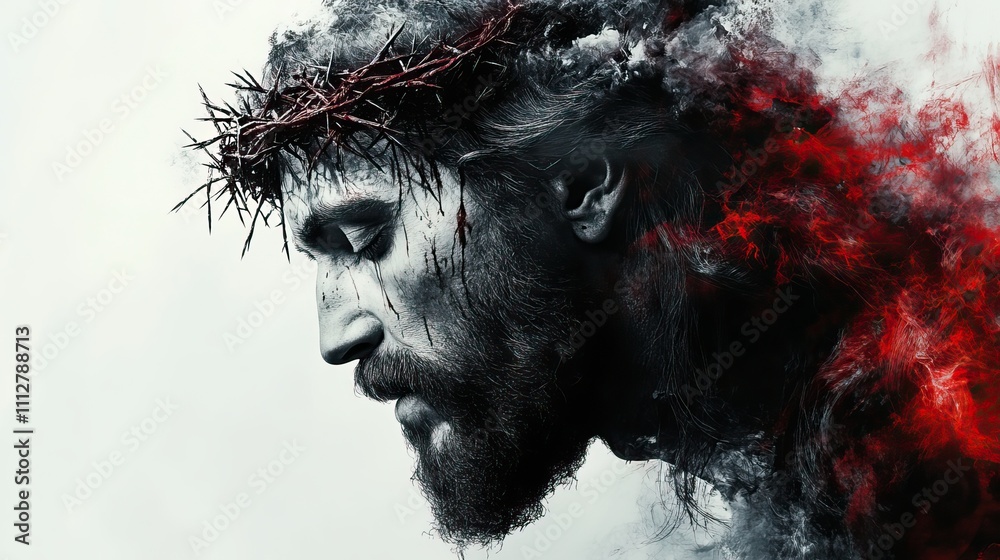 digital portrait of jesus christ with crown of thorns on white background double exposure with three crosses digital portrait of jesus christ with crown of thorns on white background double exposure with three crosses