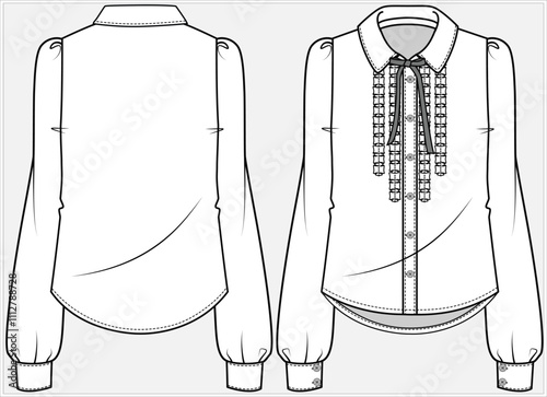 LONG SLEEVES FORMAL CORPORATE WEAR SHIRT WITH PLEATED RUFFLES DESIGNED FOR WOMEN IN VECTOR FILE