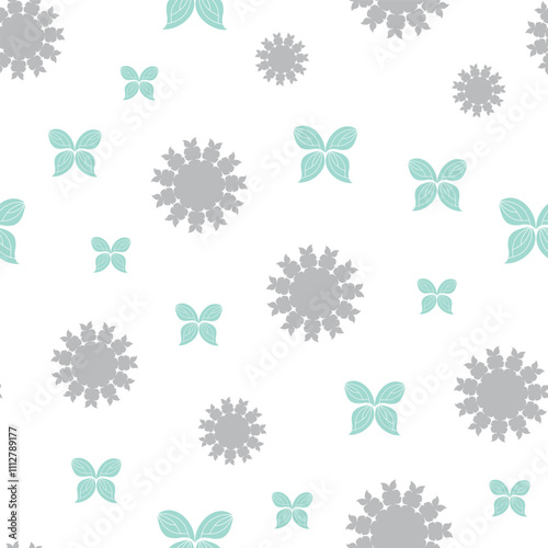 seamless repeat pattern with simple gray floral and teal green butterfly motifs on a white background perfect for fabric, scrap booking, wallpaper, gift wrap projects