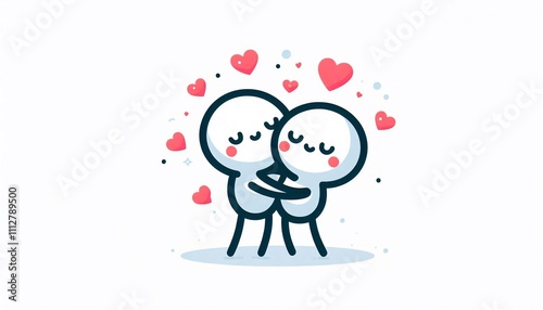 Playful design of two hugging characters with hearts floating around them photo