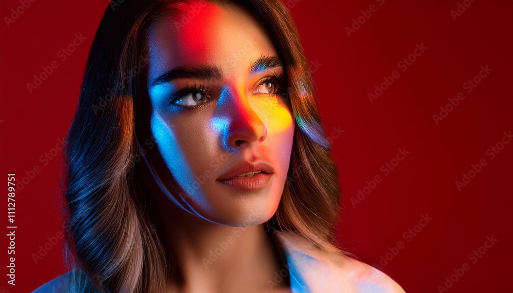 Portrait of a beautiful woman with vibrant rgb lights shining on her face and neck, striking a pose against a red backdrop in a studio setting Portrait of a beautiful woman with vibrant rgb lights shining on her face and neck, striking a pose against a red backdrop in a studio setting