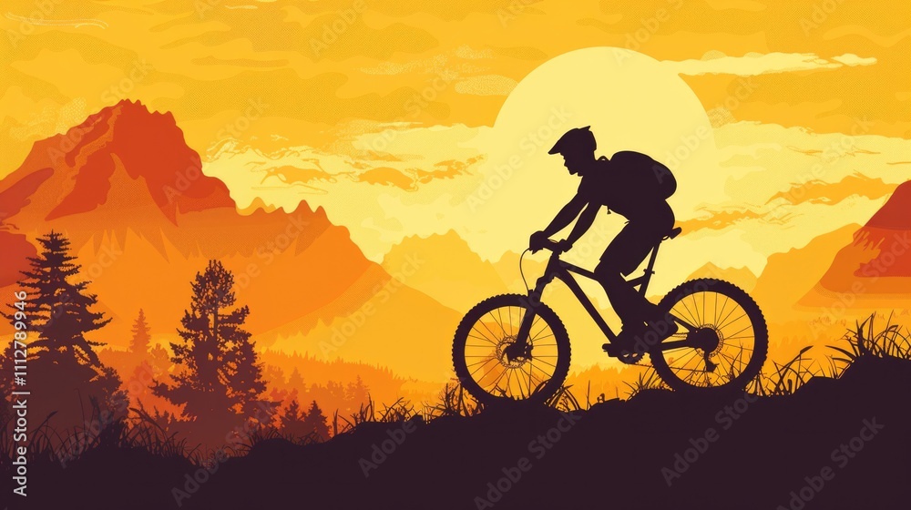 Obraz premium Bike Riding Silhouette. Man Bicyclist Athlete Cycling in Summer Mountain