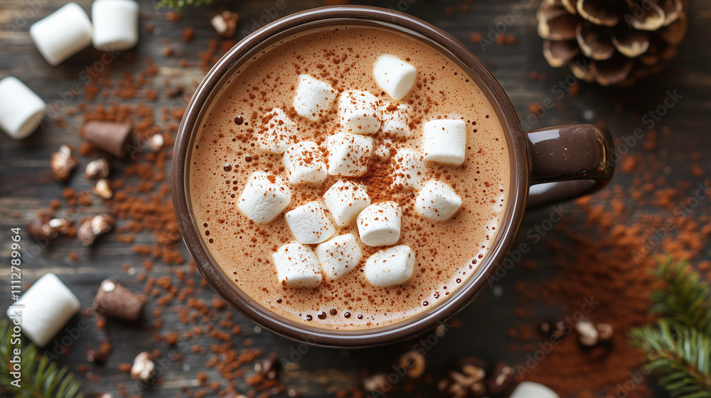 Top view of hot chocolate with marshmallows and cocoa powder in a cozy setting with pine cones Top view of hot chocolate with marshmallows and cocoa powder in a cozy setting with pine cones