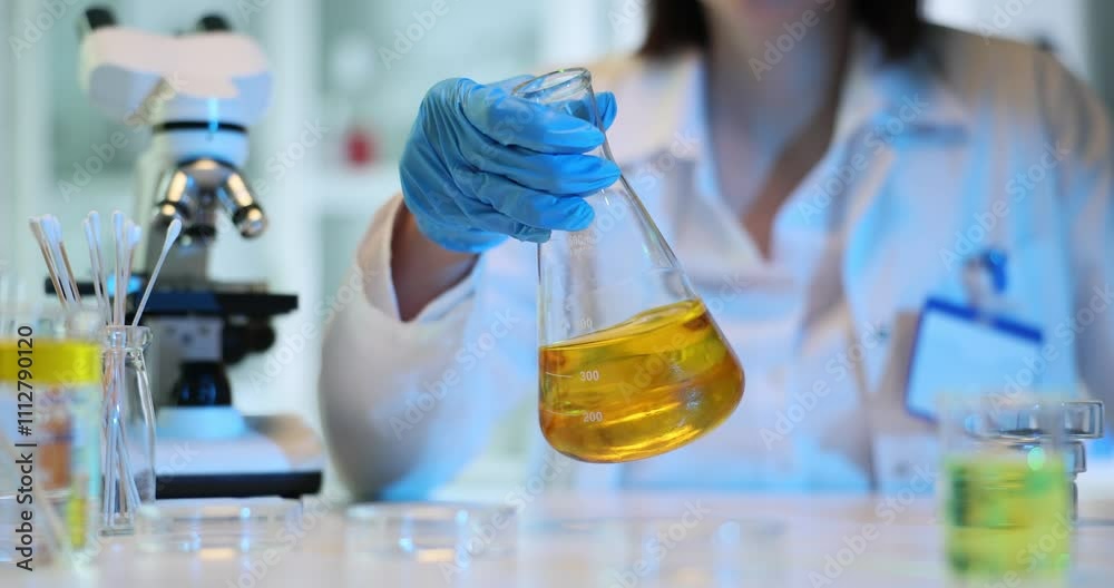 Chemist holding test flask with chemical liquid and fuel for cleaning Chemist holding test flask with chemical liquid and fuel for cleaning