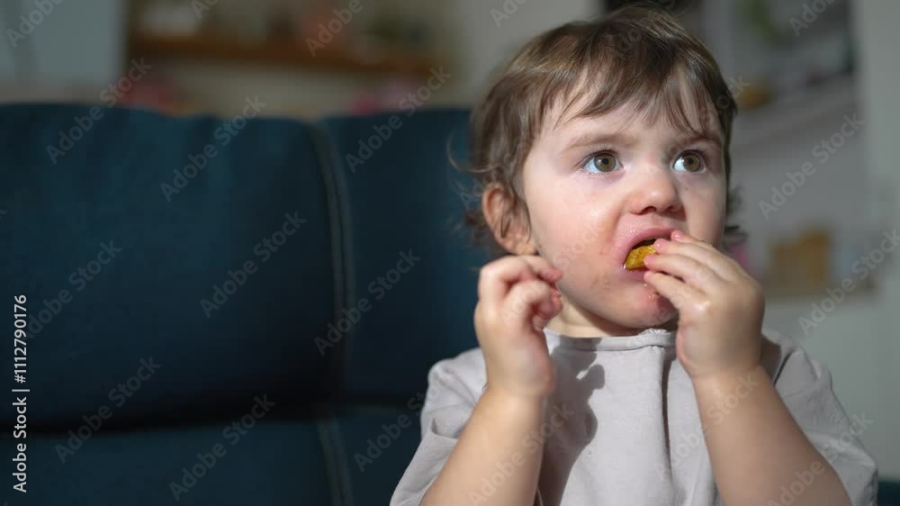 little child resting at home. happy and full of joy childhood, children's dream concept. a small girl are sitting on a blue sofa attentively watching cartoons lifestyle on TV and eat apples little child resting at home. happy and full of joy childhood, children's dream concept. a small girl are sitting on a blue sofa attentively watching cartoons lifestyle on TV and eat apples